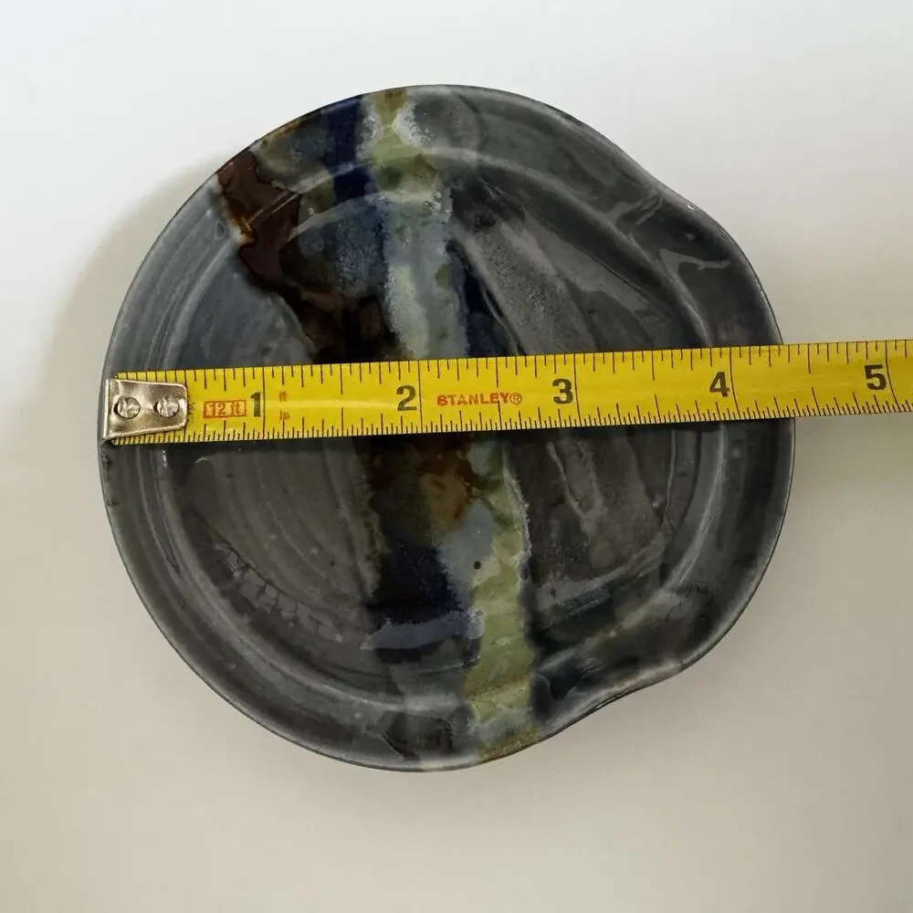Studio Art Pottery Spoon Rest Bowl Dish Blue Gray Ocean Abstract Glazed Earthy